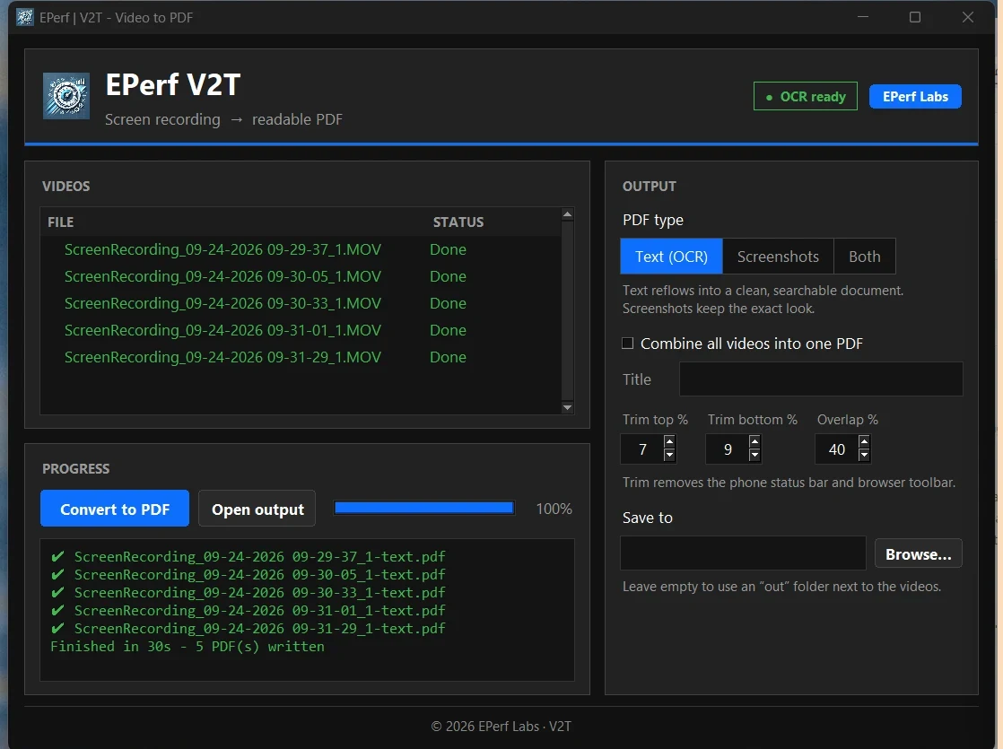 The V2T app after converting five screen recordings to PDF